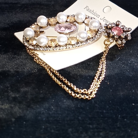 Pink Tourmaline & Pearl Rhinestoned Chain Brooch - Picture 7 of 11